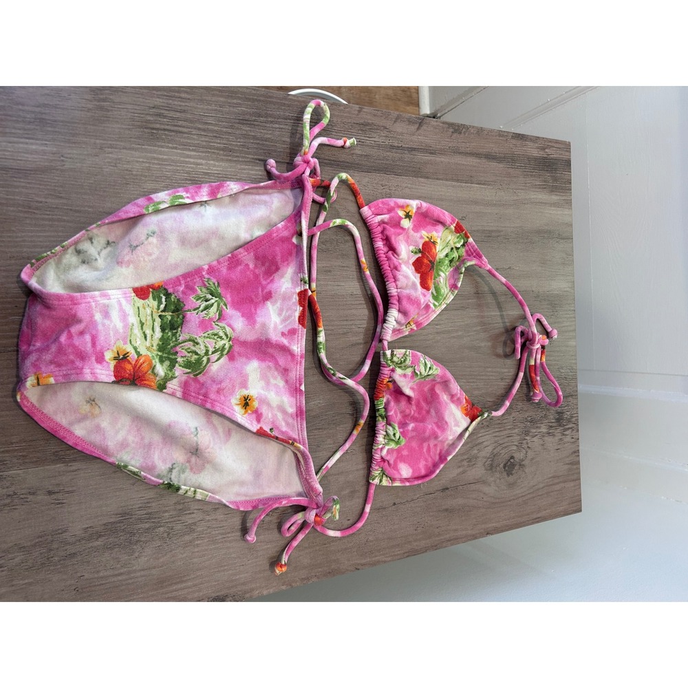 Sand N Sun Bikini Set Womens M/S Pink Tropical Floral Terry Triangle Side Tie